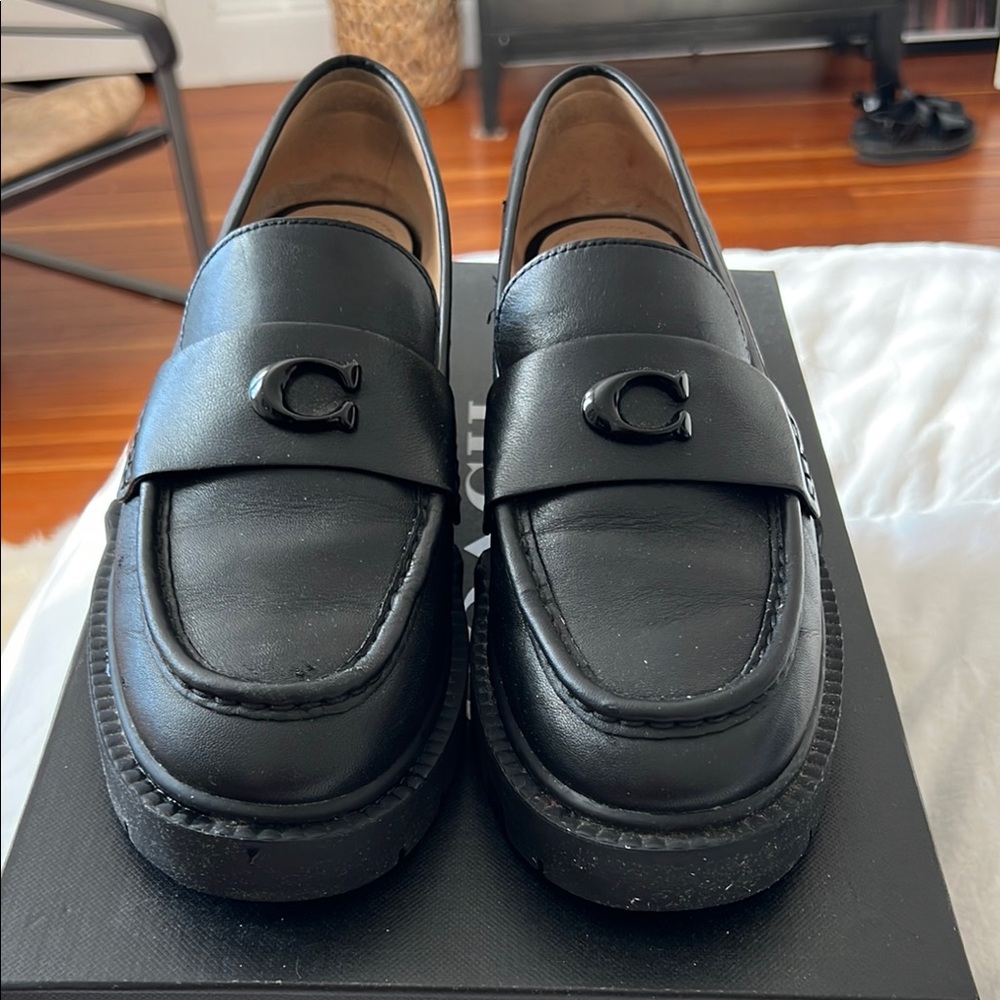 Coach Black Loafers with Decorative Strap and Platform Sole